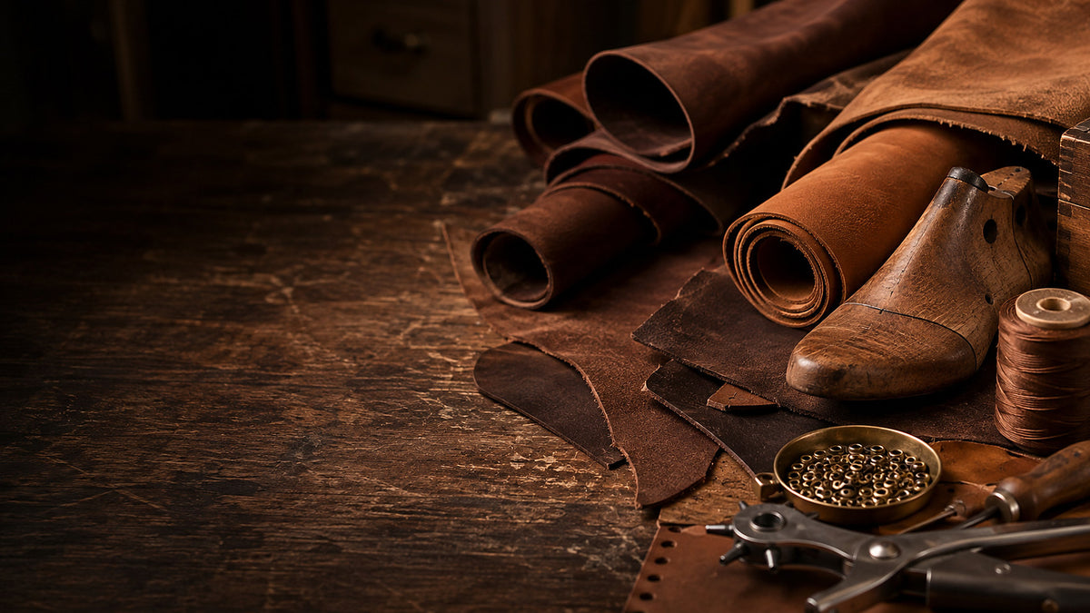 Rolls of tan and dark brown full-grain leather with a wooden shoe last, brass eyelets and a leather punch on a worn workbench