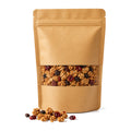 Kraft pouch of Australian berry granola with a window showing clustered granola and dried berries, with clusters scattered in front