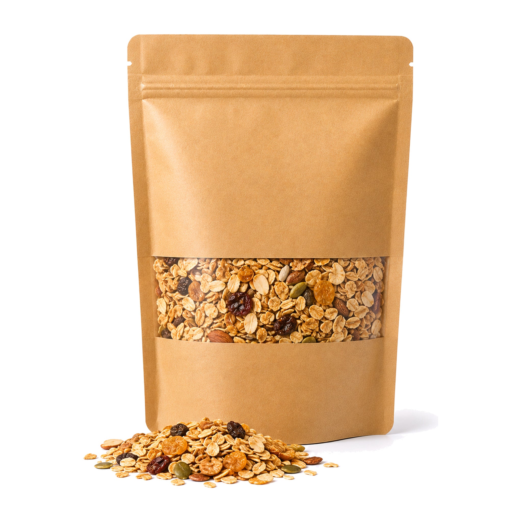 Kraft pouch of Australian honey muesli with a window showing oat flakes, seeds, nuts and dried fruit, with a scattering of muesli in front