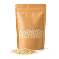 Kraft pouch of Australian rolled oats with a window showing pale golden oat flakes and a scattering of loose oats in front