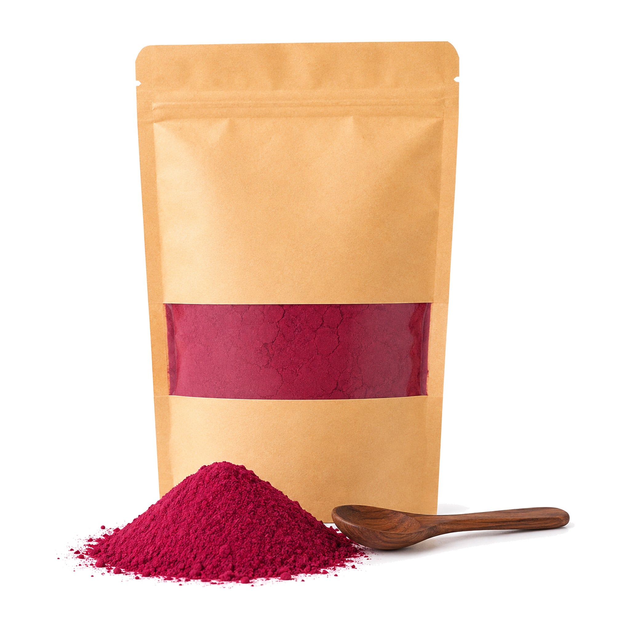 Kraft pouch of Veggie Pure beetroot powder with a window showing the deep magenta powder, a heap of powder and a wooden spoon in front