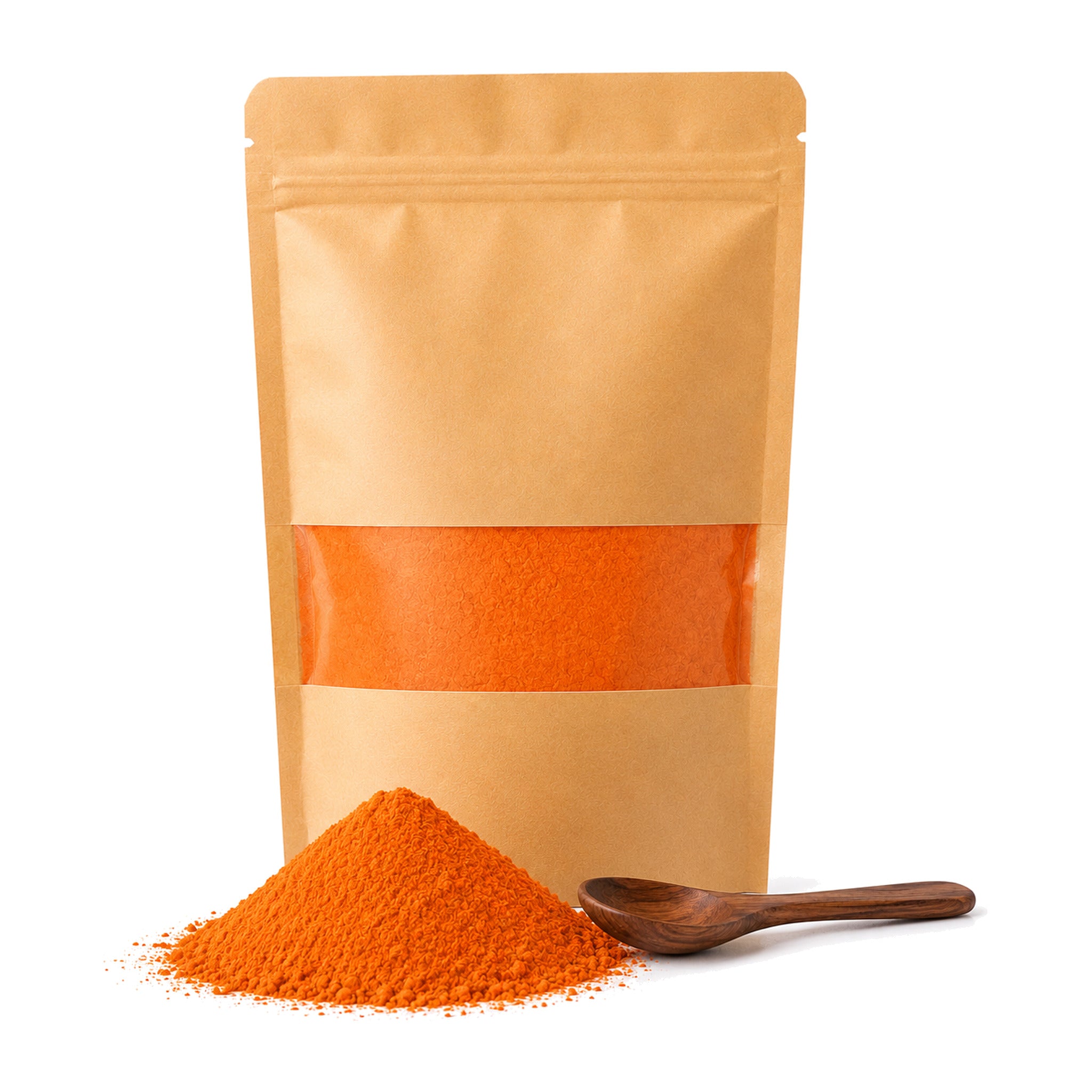 Kraft pouch of Veggie Pure carrot powder with a window showing the bright orange powder, a heap of powder and a wooden spoon in front